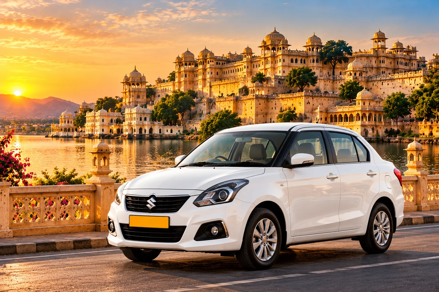 White Swift Dzire cab with a Rajasthan palace backdrop